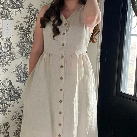 LinenbyMN Linen V Neck Button Midi Dress Light Beige Small - Picture 2 of 7